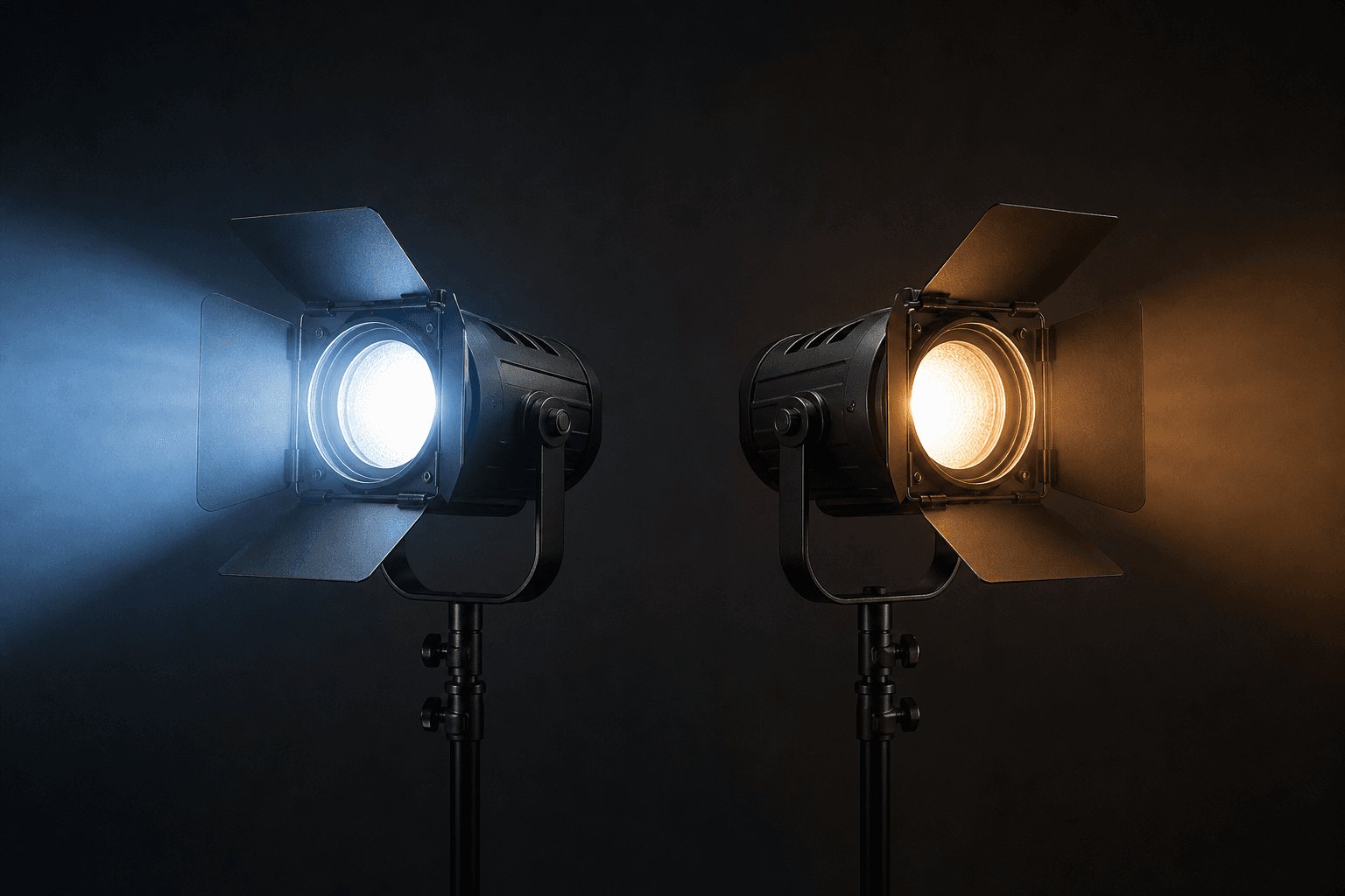 Side-by-side comparison of two professional COB LED studio lights—cool daylight beam on the left, warm tungsten beam on the right